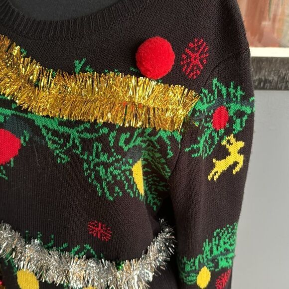 No Boundaries black tinsel/pom pom/sequin/bell applique Christmas sweater. - Picture 2 of 6